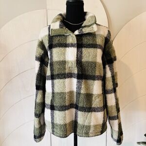 Dip Plaid Sherpa Fleece Pullover Olive Green White Black Snap Neck Size Medium